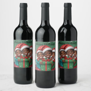 African American Christmas Elfs  Wine Label