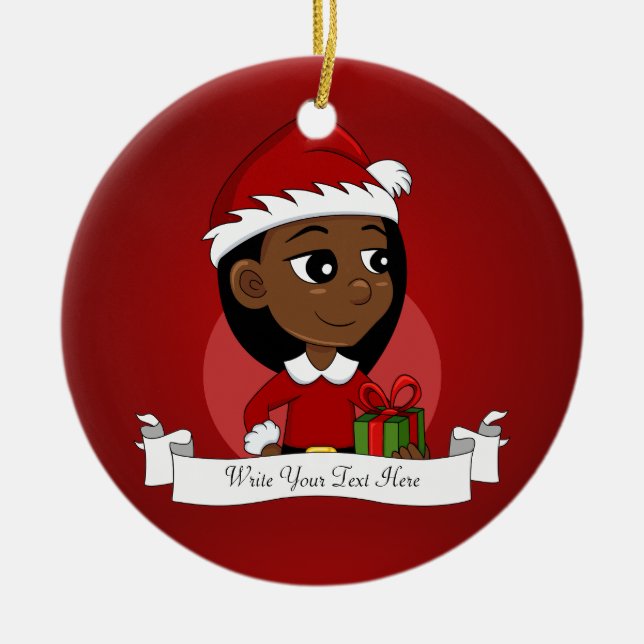 African American Christmas girl cartoon Ceramic Tree Decoration (Front)