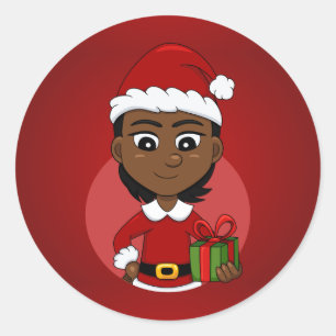 African American Christmas girl with short hair Classic Round Sticker