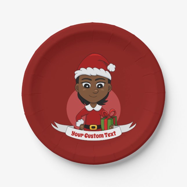 African American Christmas girl with short hair Paper Plate (Front)