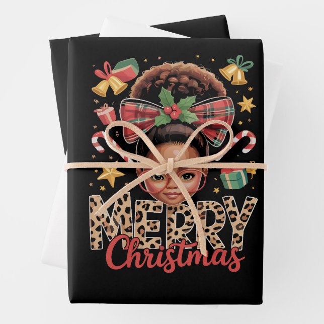 African American Christmas Messy Bun Black Mum  Wrapping Paper Sheet (In situ)
