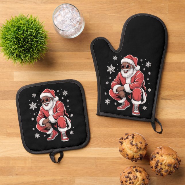 African American Christmas Pajama Xmas Afro Santa  Oven Mitt & Pot Holder Set (Top Down)