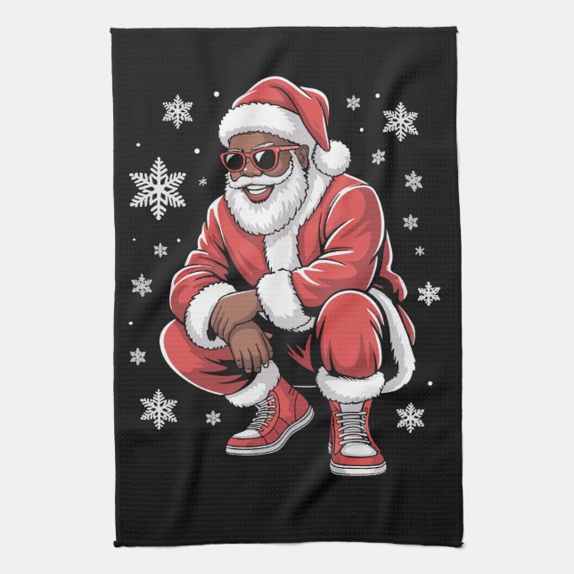 African American Christmas Pajama Xmas Afro Santa  Tea Towel (Vertical)