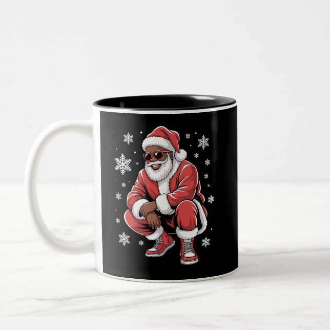 African American Christmas Pajama Xmas Afro Santa  Two-Tone Coffee Mug (Left)