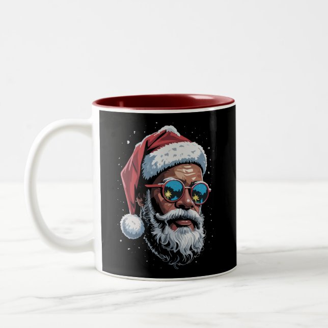 African American Christmas Pajama Xmas Afro Santa  Two-Tone Coffee Mug (Left)