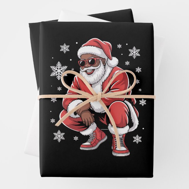 African American Christmas Pajama Xmas Afro Santa  Wrapping Paper Sheet (In situ)