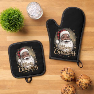 African American Christmas Pajamas Santa Claus  Oven Mitt & Pot Holder Set