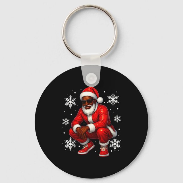 African American Cool Santa Claus Christmas Pajama Key Ring (Front)