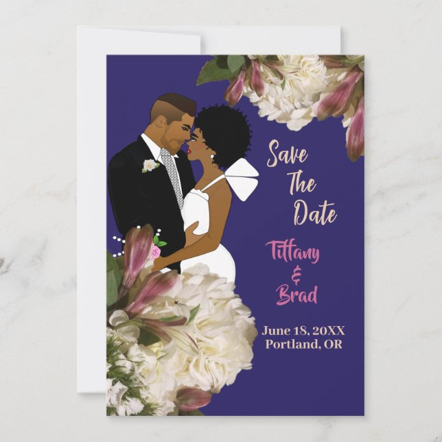 African American Couple Royal Blue Wedding Save The Date (Front)