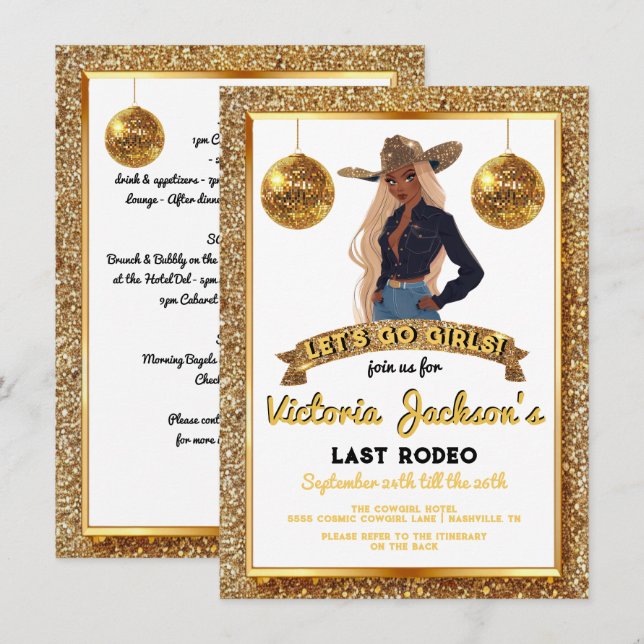 African American Cowgirl Gold Glitter Last Rodeo Invitation (Front/Back)