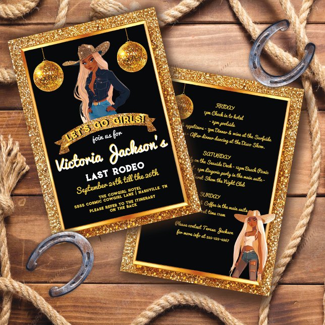 African American Cowgirl Gold Glitter Last Rodeo Invitation (Creator Uploaded)