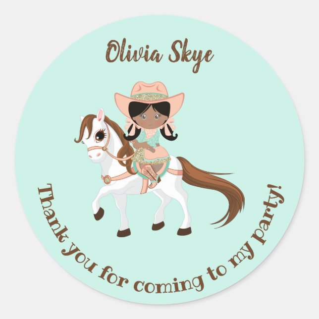 African American Cowgirl on Horse Girls Birthday Classic Round Sticker (Front)