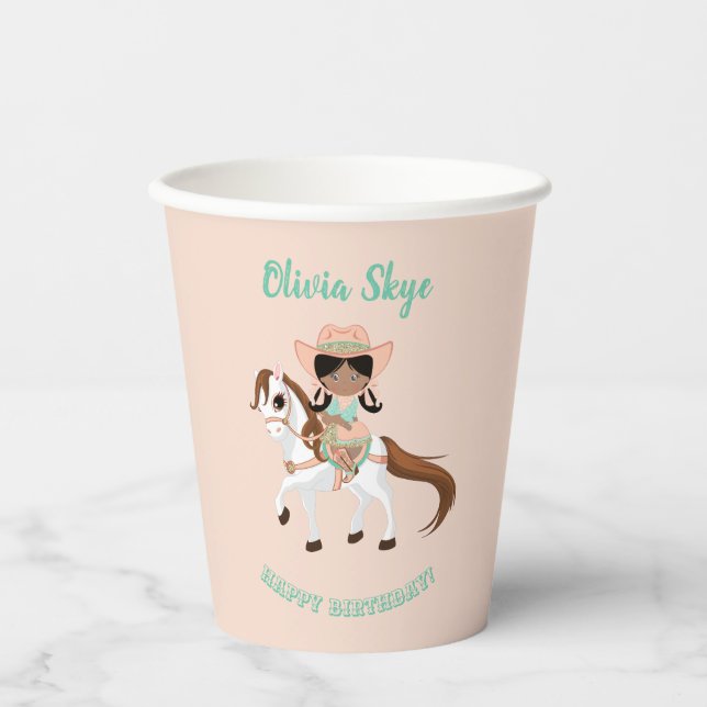 African American Cowgirl on Horse Girls Western Paper Cups (Front)