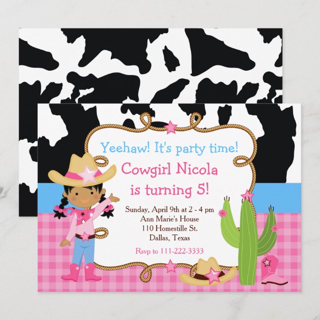 African American Cowgirl Western Birthday Party Invitation (Front/Back)