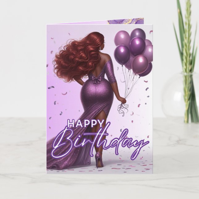 African American Curvy Woman Purple Glam Birthday Card (Front)