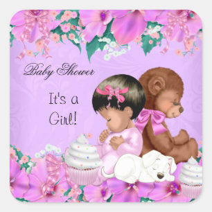 African American Cute Baby Shower Girl Puppy Square Sticker