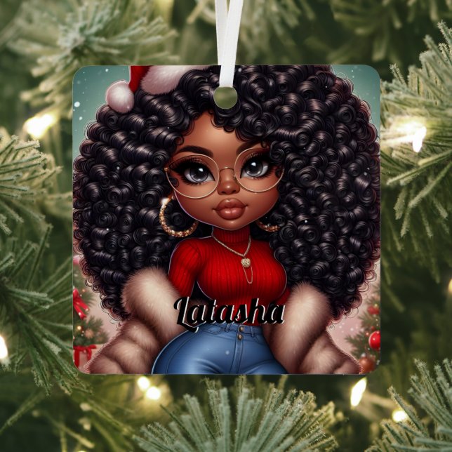 African American Cute Christmas woman Metal Tree Decoration (Insitu)