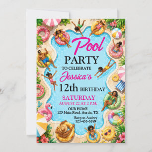 African American Cute Summer Pool Party Birthday Invitation