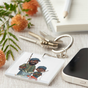 African American Dad and Son Fishing Key Ring