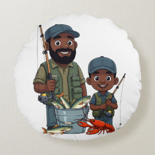 African American Dad and Son Fishing Round Cushion
