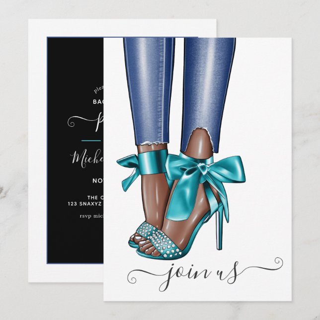 African American Denim Fashionista Bachelorette Invitation (Front/Back)