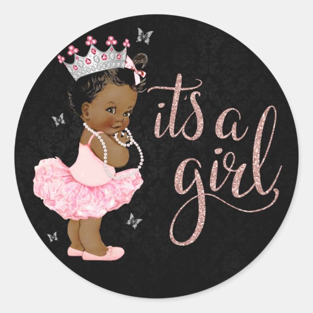 African American Diamond Princess Girl Baby Shower Classic Round Sticker (Front)