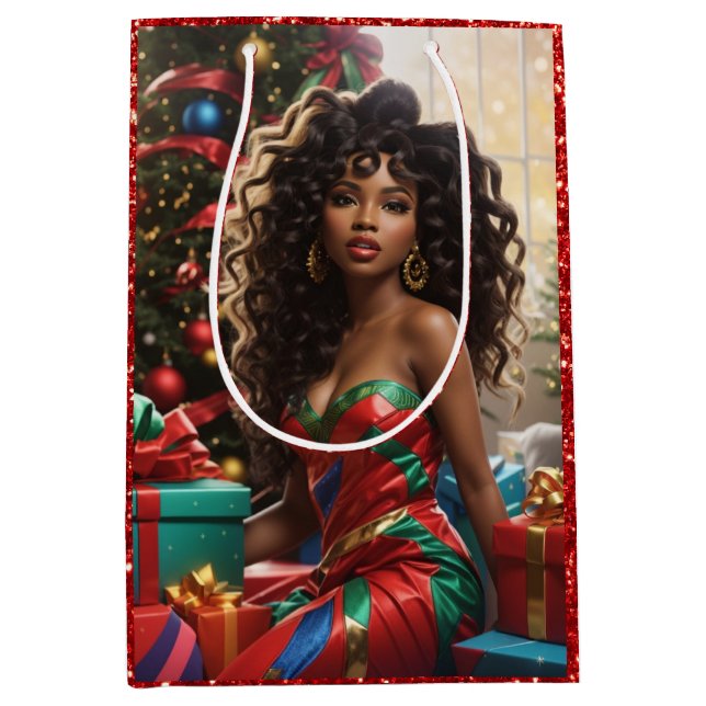 African American Diva Colourful Christmas Card  Medium Gift Bag (Front)