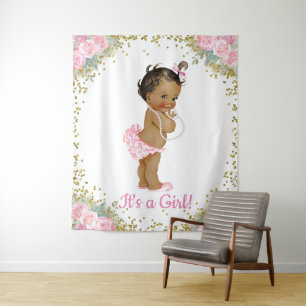 African American Ethnic Baby Girl Shower Backdrop Tapestry