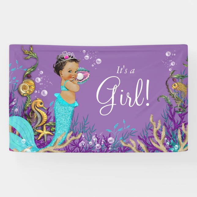 African American Ethnic Mermaid Baby Shower Banner (Horizontal)