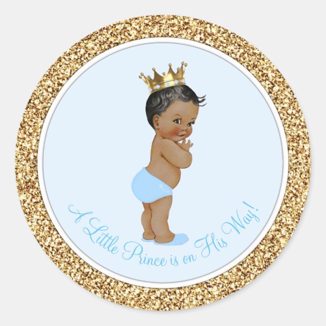 African American Ethnic Prince Baby Shower Classic Round Sticker (Front)