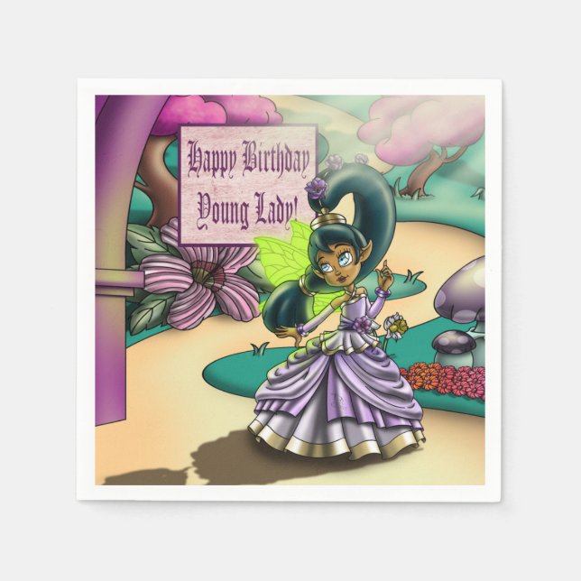 African American Fairy and Anemones Birthday Napkin (Front)
