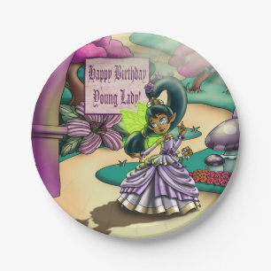 African American Fairy and Anemones Birthday Paper Plate