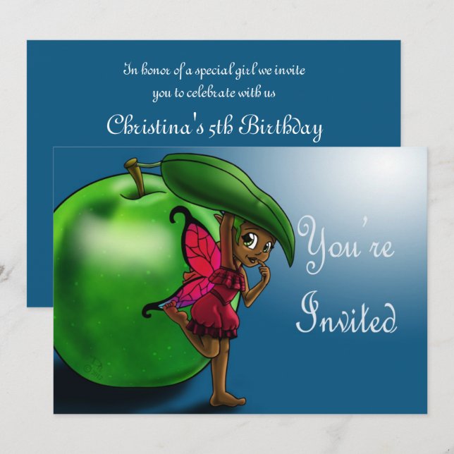 African American Fairy and Green Apple Birthday Invitation (Front/Back)