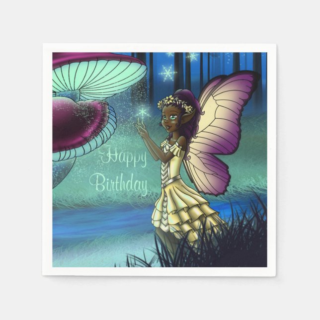 African American Fairy and Mushroom Birthday Napkin (Front)
