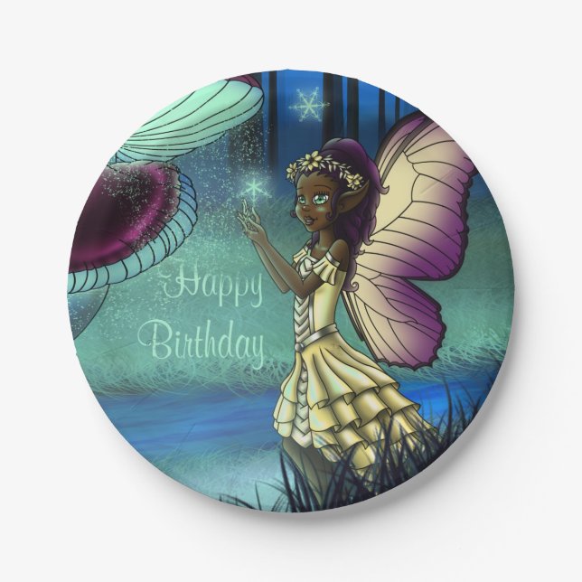 African American Fairy and Mushroom Birthday Paper Plate (Front)