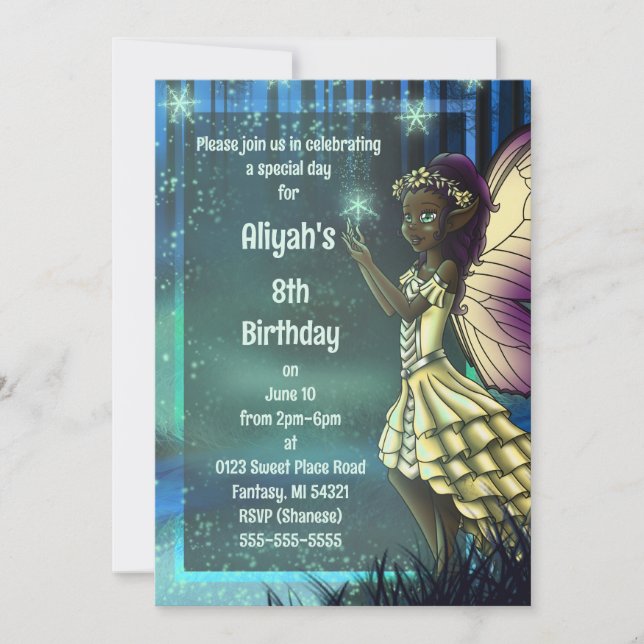 African American Fairy and Stars Birthday Party Invitation (Front)