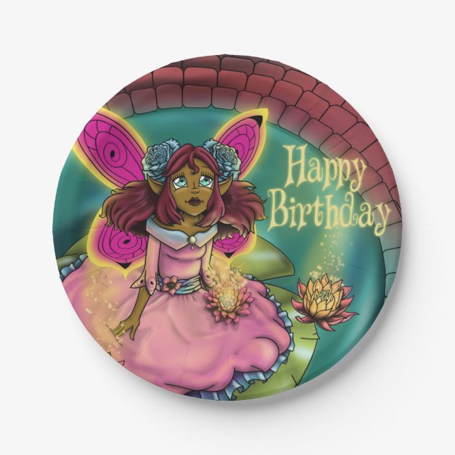 African American Fairy and Water Lilies Birthday Paper Plate (Front)