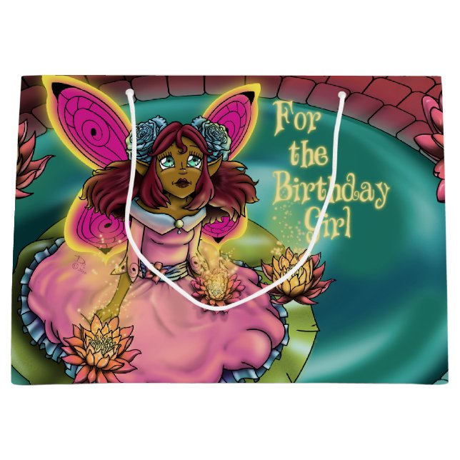 African American Fairy and Water Lilies Large Gift Bag (Front)