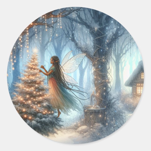 African-American Fairy Decorating Christmas Tree Classic Round Sticker (Front)