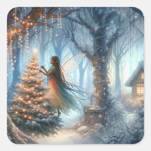 African-American Fairy Decorating Christmas Tree Square Sticker (Front)