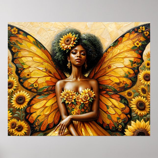 African American Fairy With Afro and Sunflower Art Poster (Front)