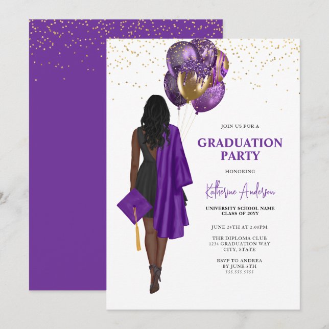 African American Female Purple Graduation Party Invitation (Front/Back)