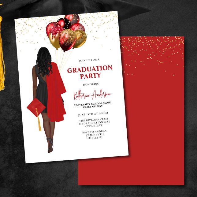 African American Female Red Graduation Party Invitation (Creator Uploaded)