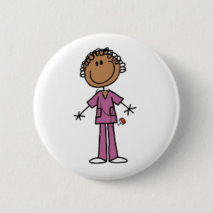 African American Female Stick Figure Nurse  Button