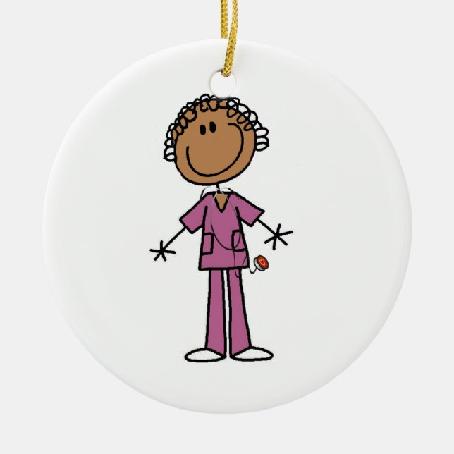 African American Female Stick Figure Nurse Ceramic Tree Decoration (Front)