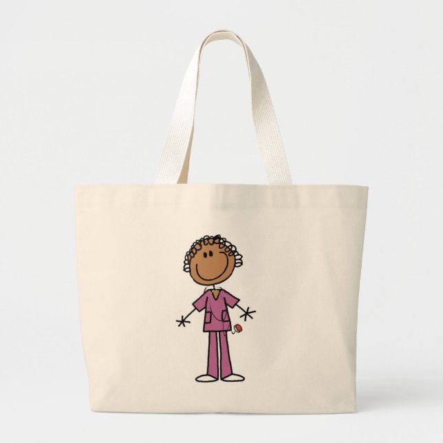African American Female Stick Figure Nurse Large Tote Bag (Front)