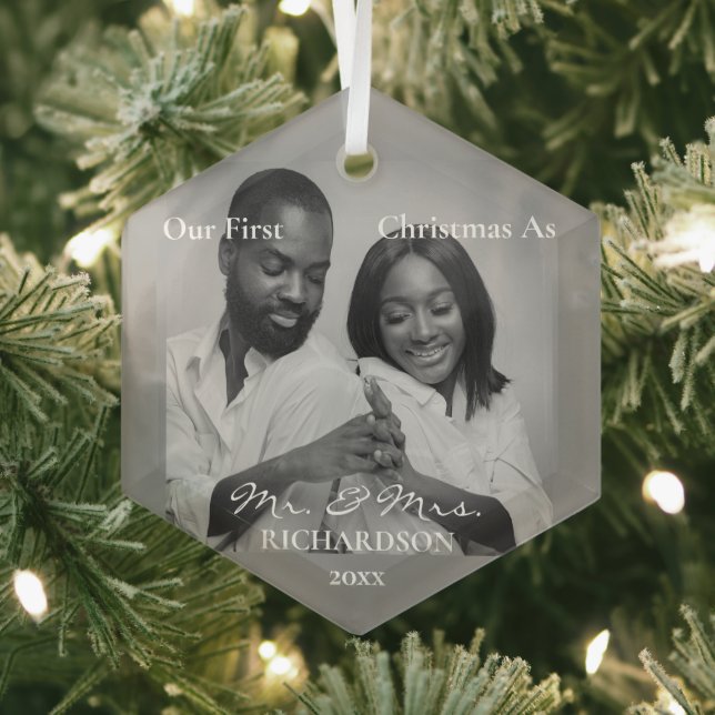African American First Christmas as Mr & Mrs Photo Glass Tree Decoration (Insitu)