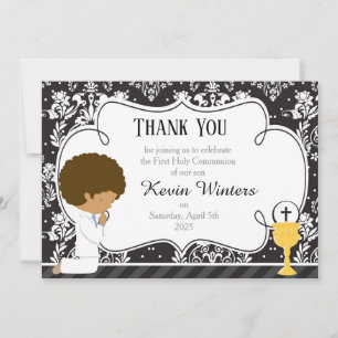 African American First Communion Damask Thank You Card