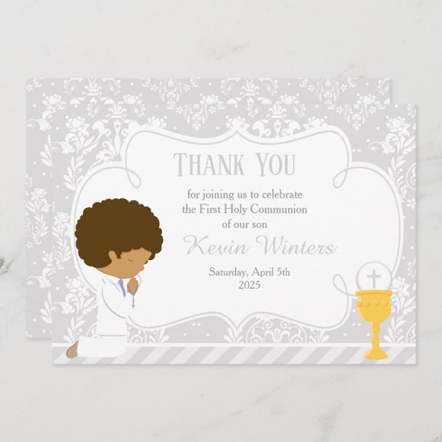 African American First Communion Damask Thank You Card (Front/Back)