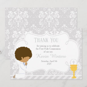 African American First Communion Damask Thank You Card